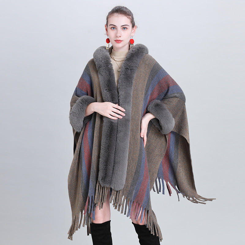 European and Korean autumn and winter new cape shawl, colorful striped fur collar hooded fringed knitted cardigan shawl cape 0983 #