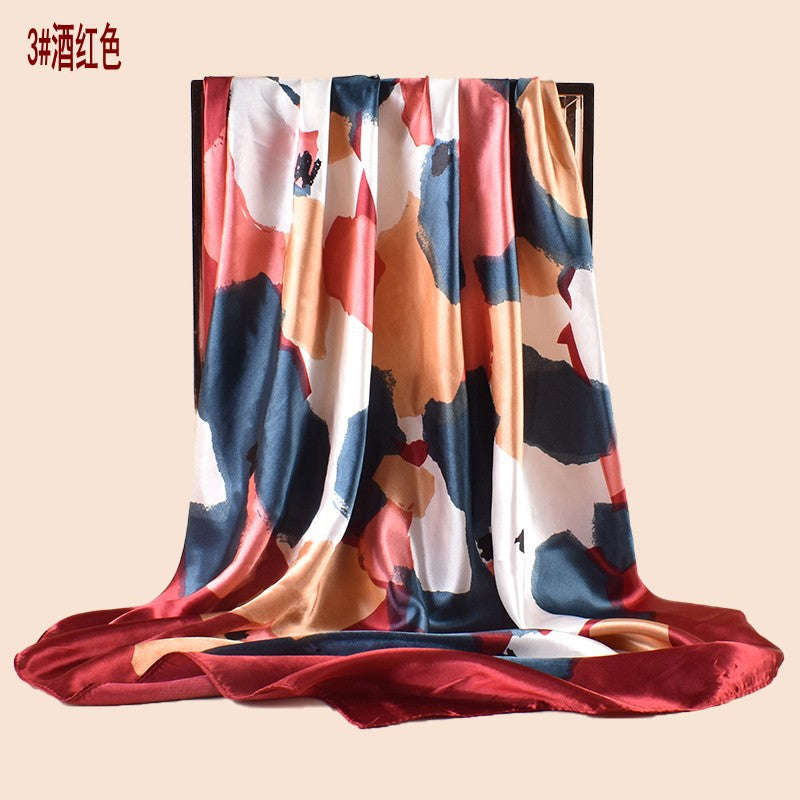 Spring new fashionable versatile large shawl simulation silk color graffiti printing silk scarf head scarf 90cm-color diced square scarf