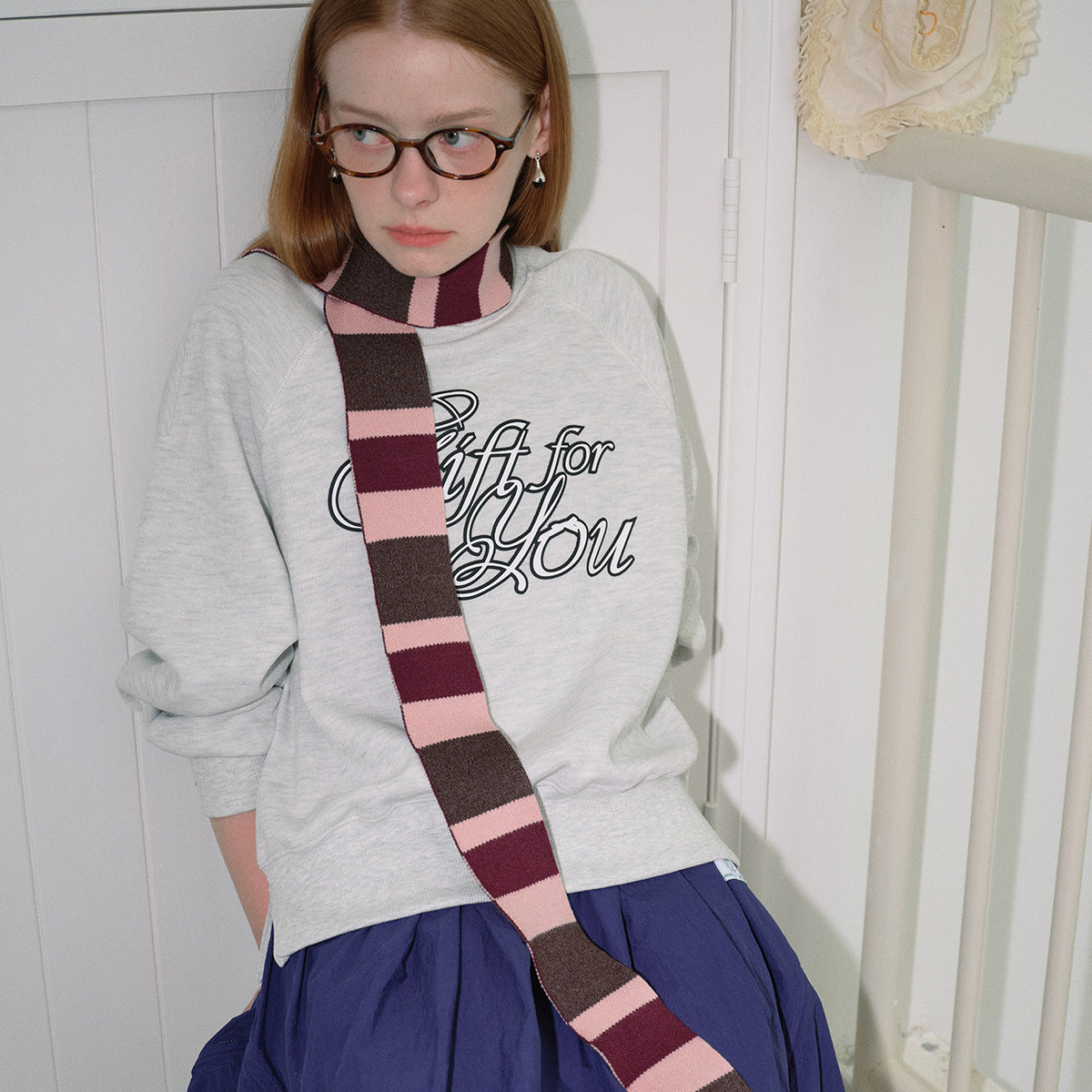 Color matching striped knitted fine scarf concave shape artifact decorative sense versatile women's autumn and winter knitted wool small scarf