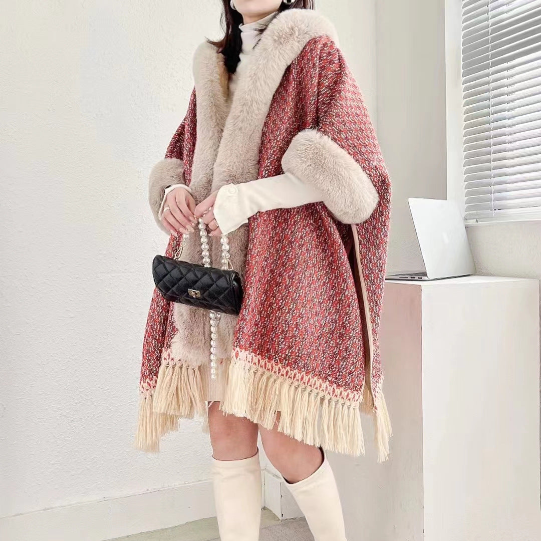 New cape shawl hooded fleece thickened temperament fringed medium and long loose large size cape jacket 1186 #
