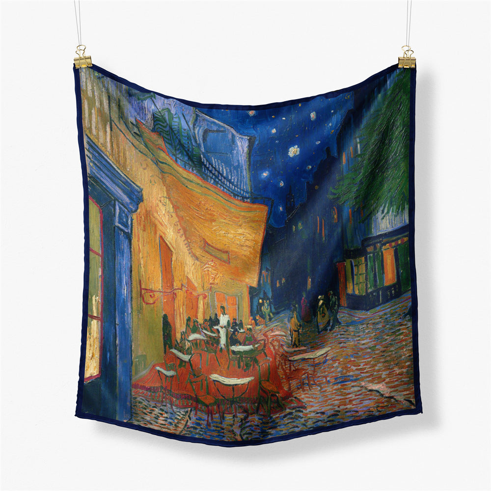 Fashion Van Gogh art oil painting 53cm small square scarf, twill silk imitation silk women's scarf, headband
