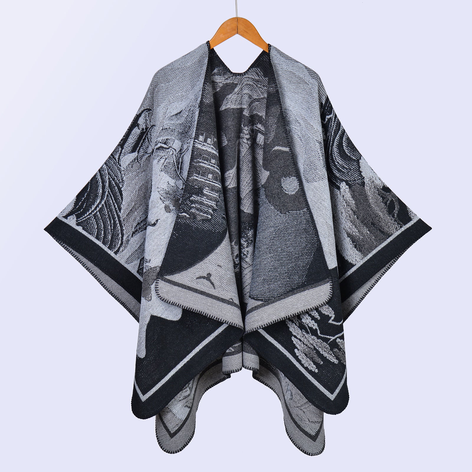 Ethnic style retro photo big shawl lady autumn and winter travel out photo camping warm outside with atmosphere cape