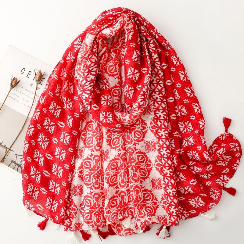Spring and summer cotton and linen feel scarf celebrity style geometric style fringed silk scarf warm shawl
