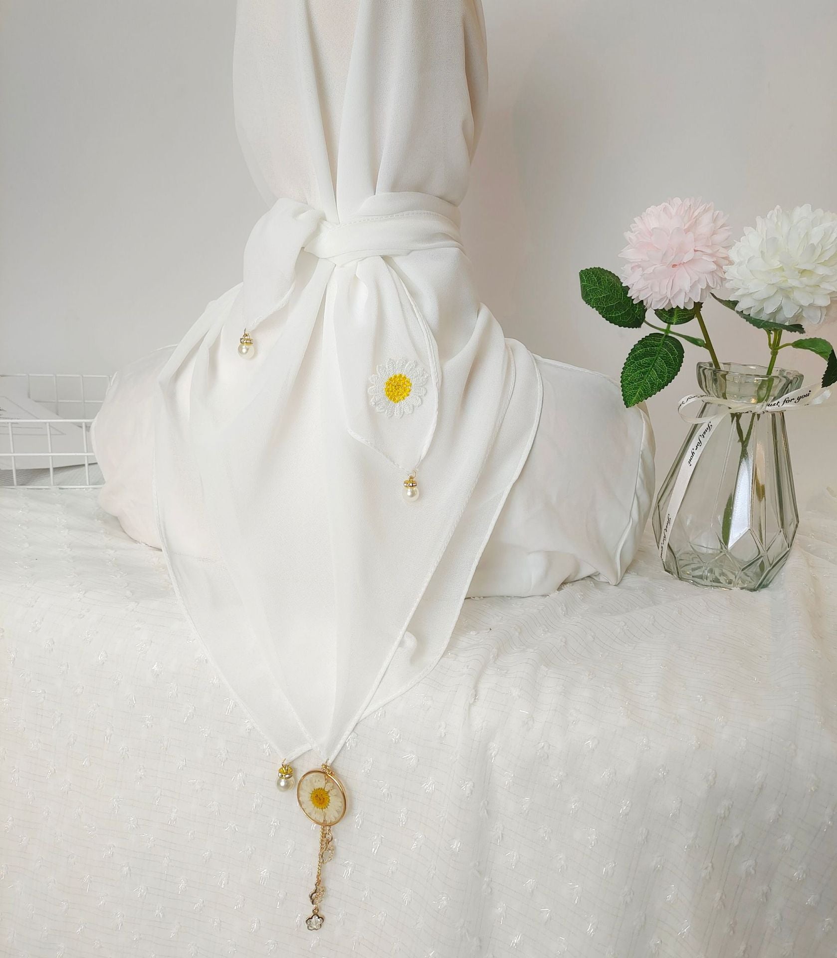 New solid color chiffon square scarf headscarf ins wind small daisy dried flower yarn hijab