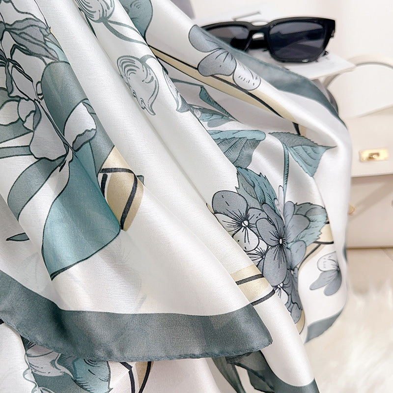 Stylish and elegant plant flower flower print long silk scarf, sweet and fresh literary girl with shawl