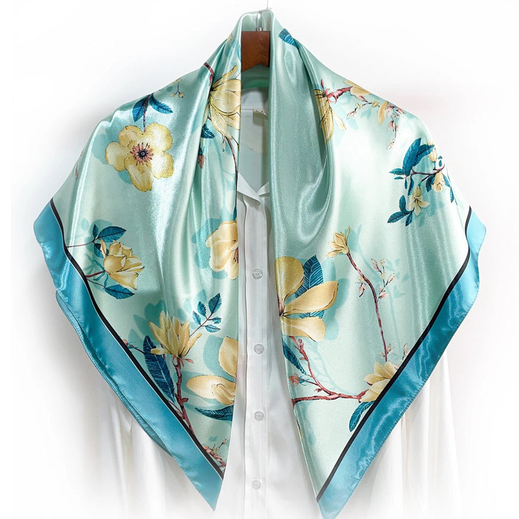 Elegant temperament women's decorative scarf, imitation silk satin plant flower flower printed silk scarf, bag head square scarf