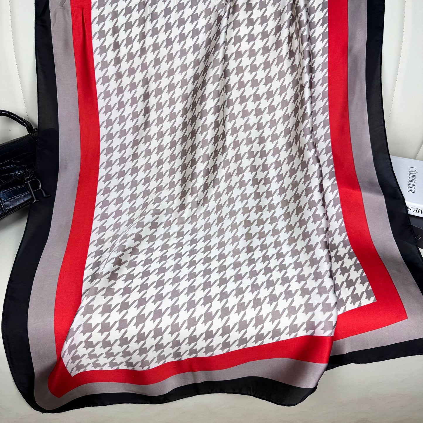 Simple and fashionable versatile thousand bird plaid simulation silk long silk scarf, ethnic headscarf women, outer shawl