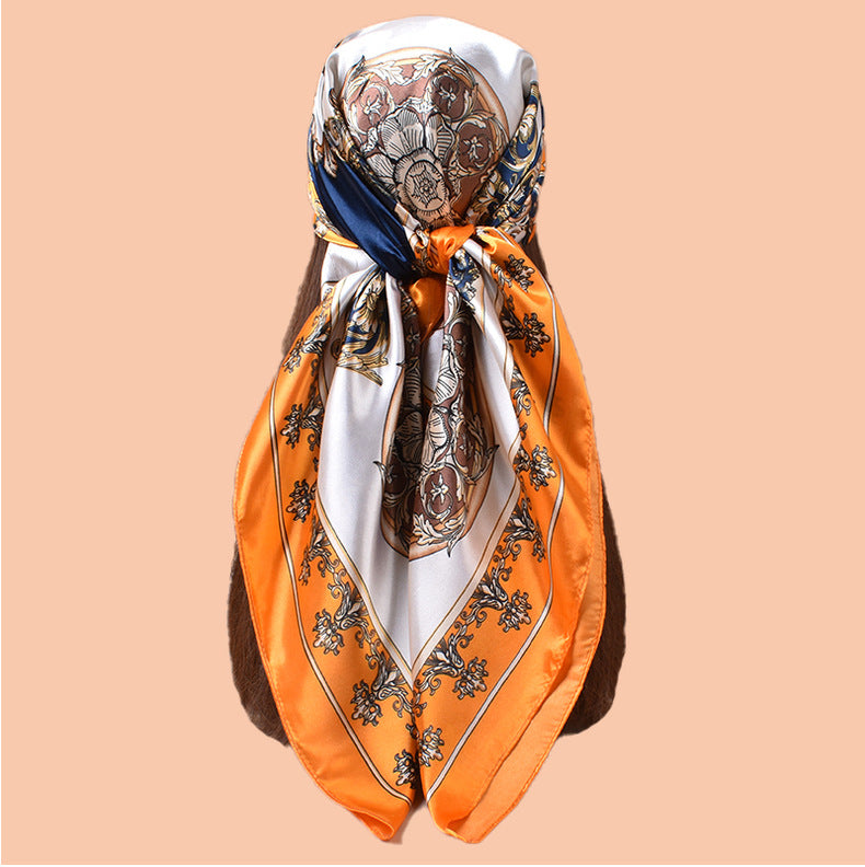 Spring and summer symmetrical vine symbol printed versatile decorative scarf headscarf silk scarf 90 high-quality satin square scarf