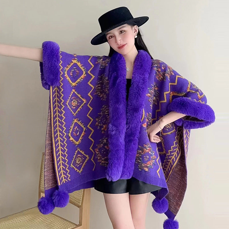 Autumn and winter new ethnic style hairball cape cape cape with jacquard loose knitted cardigan jacket women