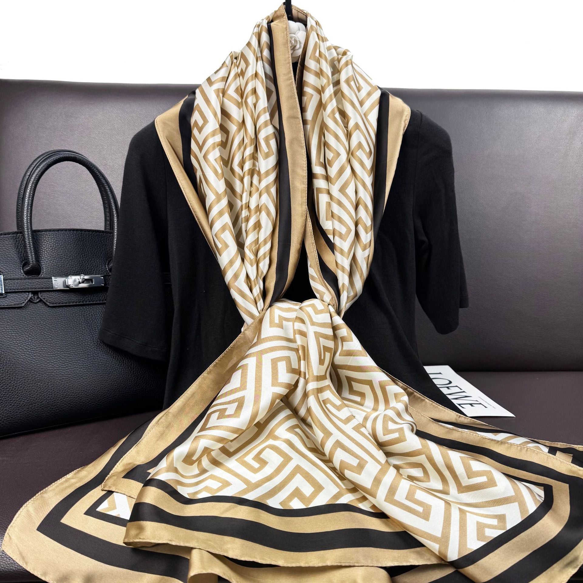 Simple and versatile geometric lines commuter printed long silk scarves, spring, summer and autumn thin travel vacation sunscreen shawls