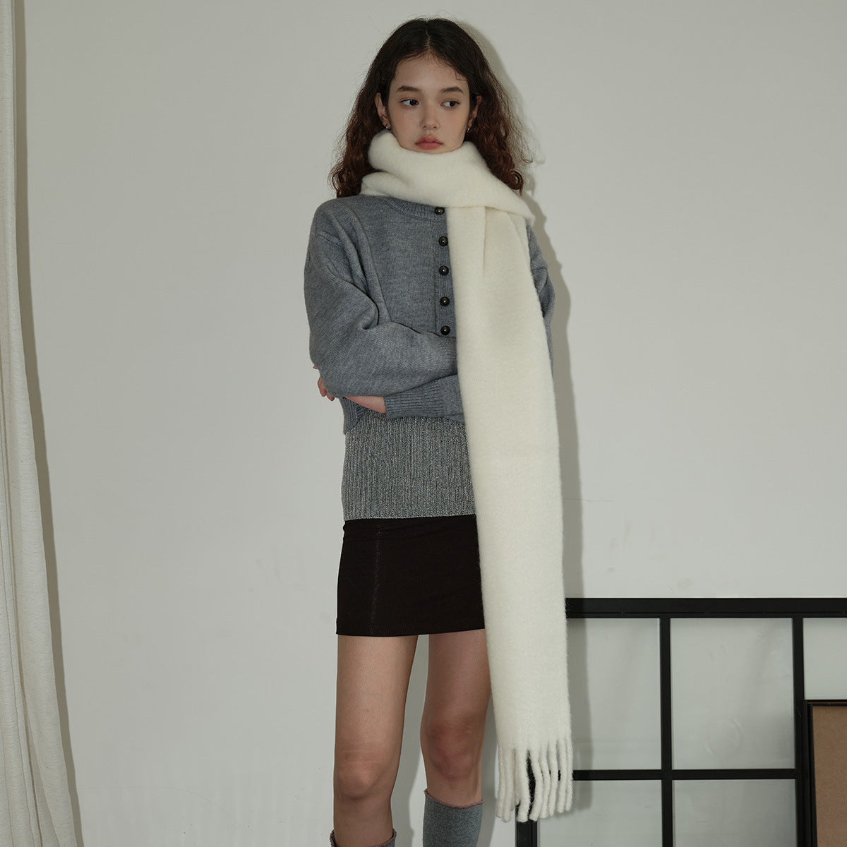 40% wool glacier blue solid color scarf women's winter atmosphere Icelandic blue soft scarf