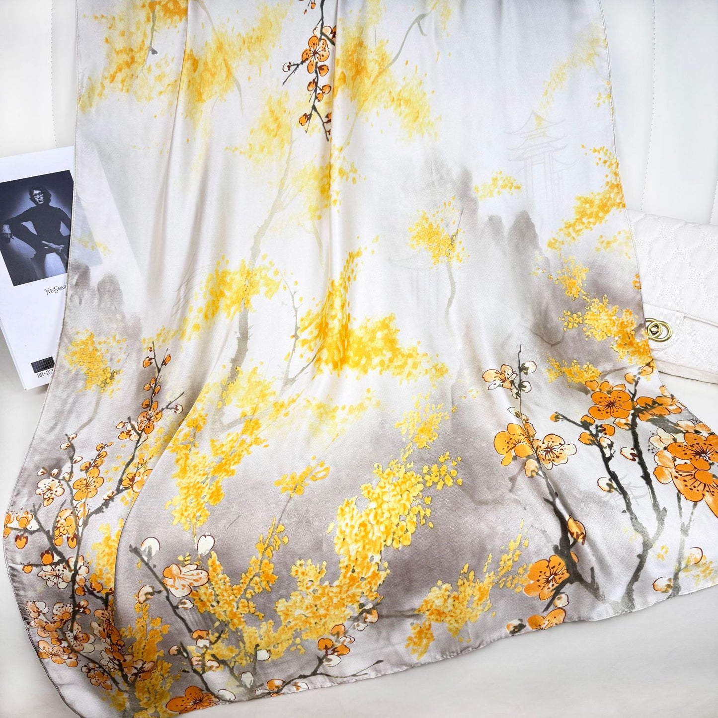 Literary retro flower beautiful brocade long silk scarf, elegant temperament mother lady decorative shawl scarf