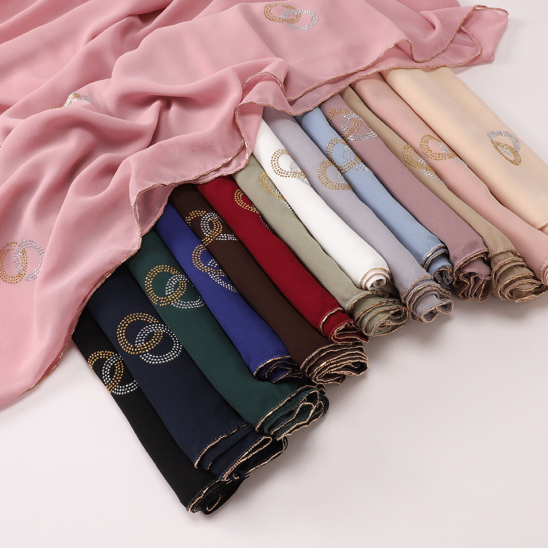 New Pearl Chiffon Long Edge Metal Chain Double Ring Hot Diamond Long Towel Yarn Middle East Head Towel