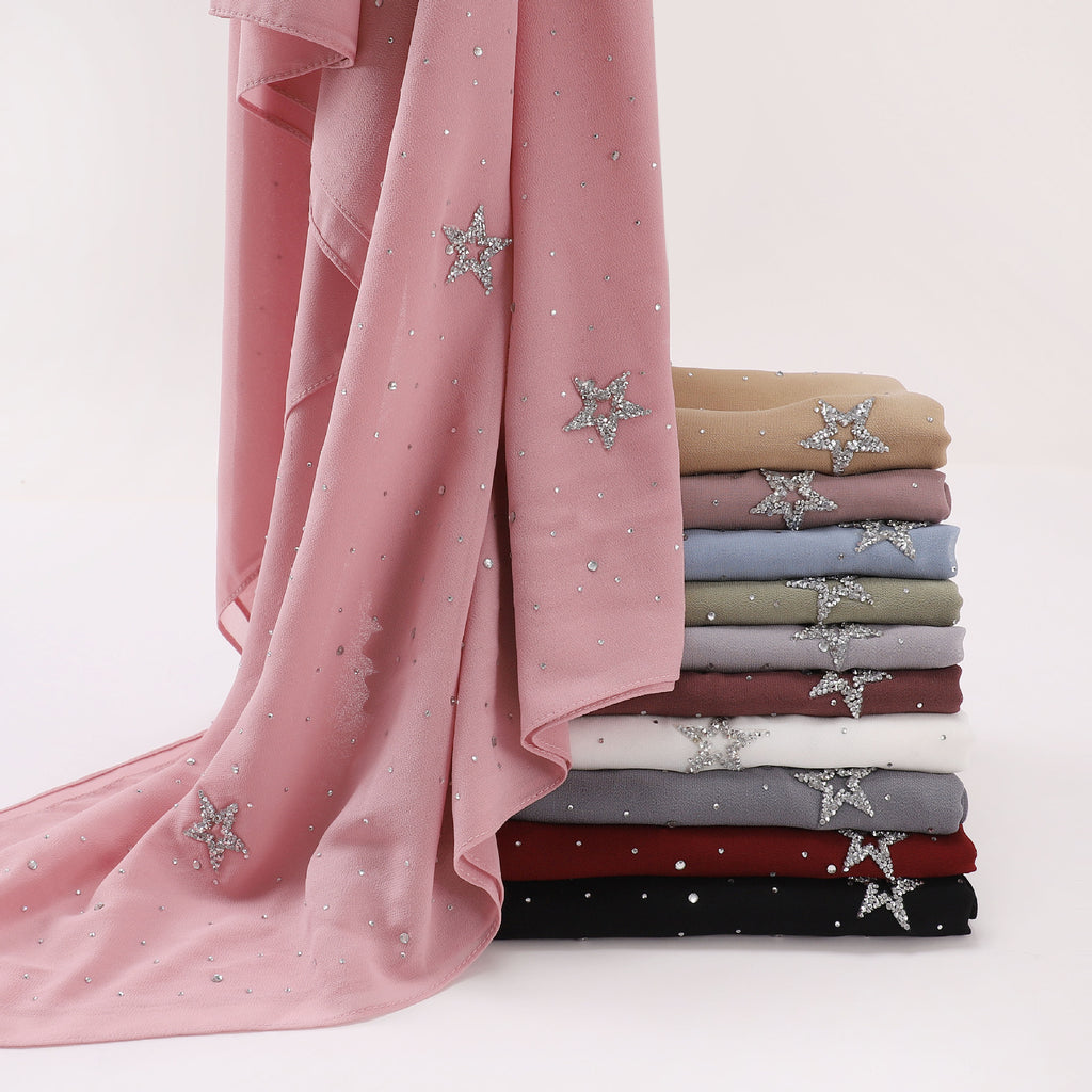 New chiffon half-width Gypsy star pentagram hot diamond long scarf, yarn scarf, Middle East Malay headscarf