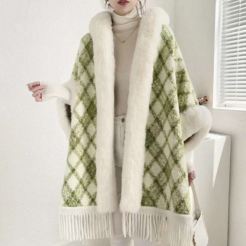 Europe, America, autumn and winter new woolen coat fur collar hooded plush thickened warm fashion fringed cape shawl outside
