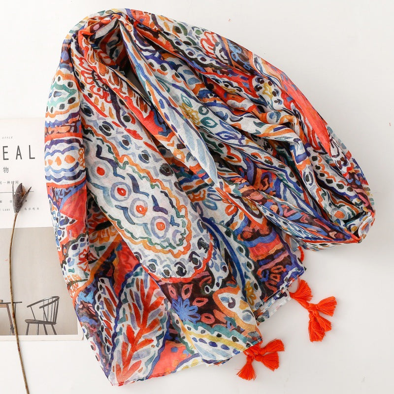 Bohemian Fashion Scarf Colored Paisley Cashew Floral Pattern Tassel Travel Accessories Silk Scarf Shawl Women