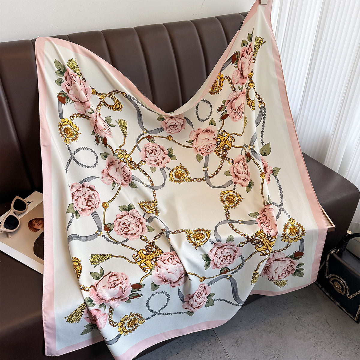 Korean version of premium camellia silk scarf 90cm twill silk scarf new chain large square scarf sunscreen shawl headscarf women