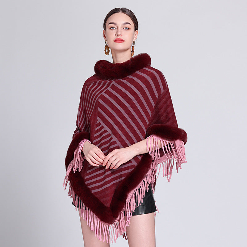 Cross-border Europe, America, autumn and winter new pullover knitting fashion contrasting colors fringed cape shawl shawl outside
