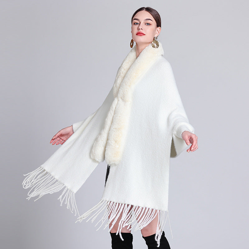 Autumn and winter new shawl fur collar imitation mink velvet knitted fringed sleeved cheongsam shawl with cape jacket women