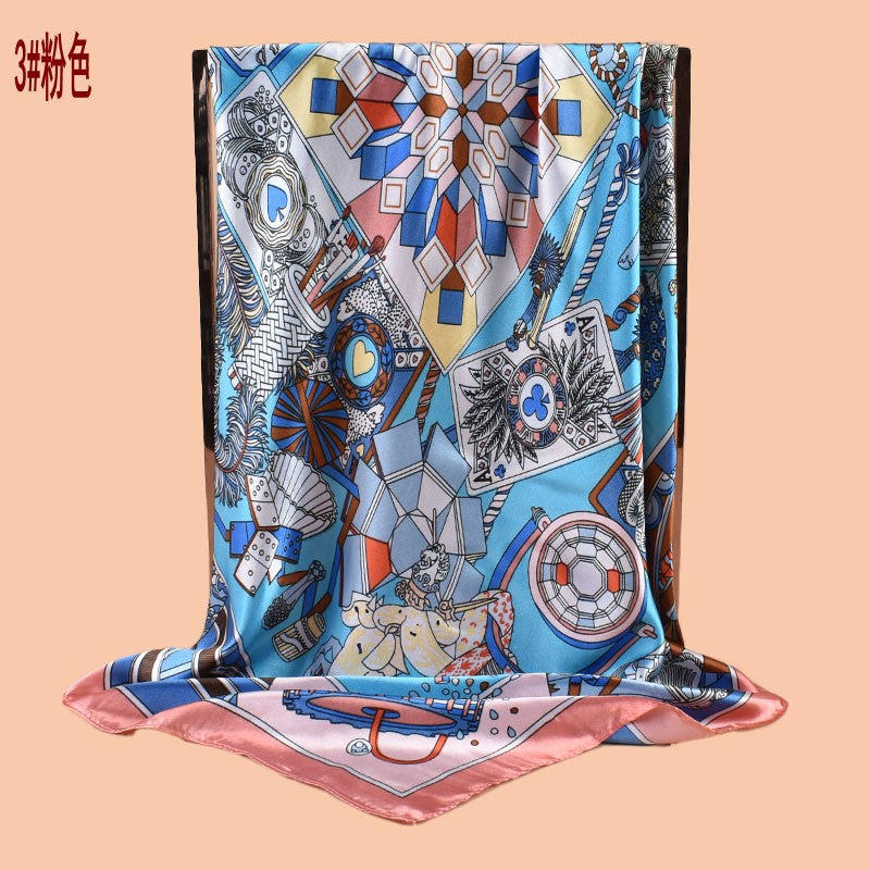 2025 new 90cm-satin geometric retro printed square scarf with sunscreen bag head silk scarf decorative scarf