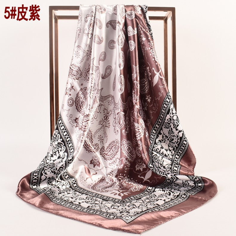Spring and Autumn New 90cm Printed Satin Large Square Scarf Two-Color Cashew Nut Women's Fashion Scarf Silk Scarf Headscarf Shawl