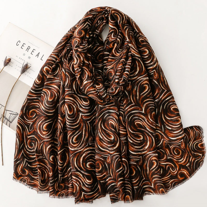 Cotton and linen feel scarf soft silk scarf bronzing latte corrugated print shawl