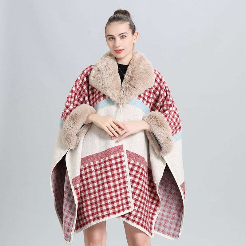 Autumn and winter new cape large size loose imitation fur collar jacquard knitted cardigan cape shawl woolen coat 0965 #