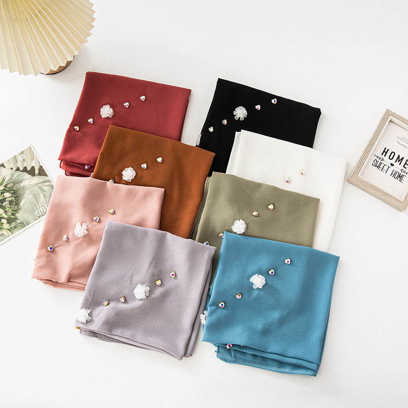 New Pearl Chiffon Three Resin Flower Scarf Headscarf Middle East and Africa 90CM Square Scarf
