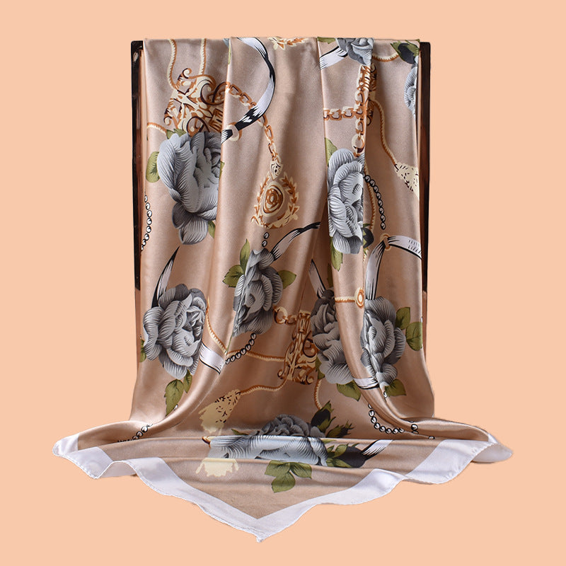 2025 new 90-color beautiful chain flower printing square scarf with sunscreen, bag head silk scarf decoration, scarf