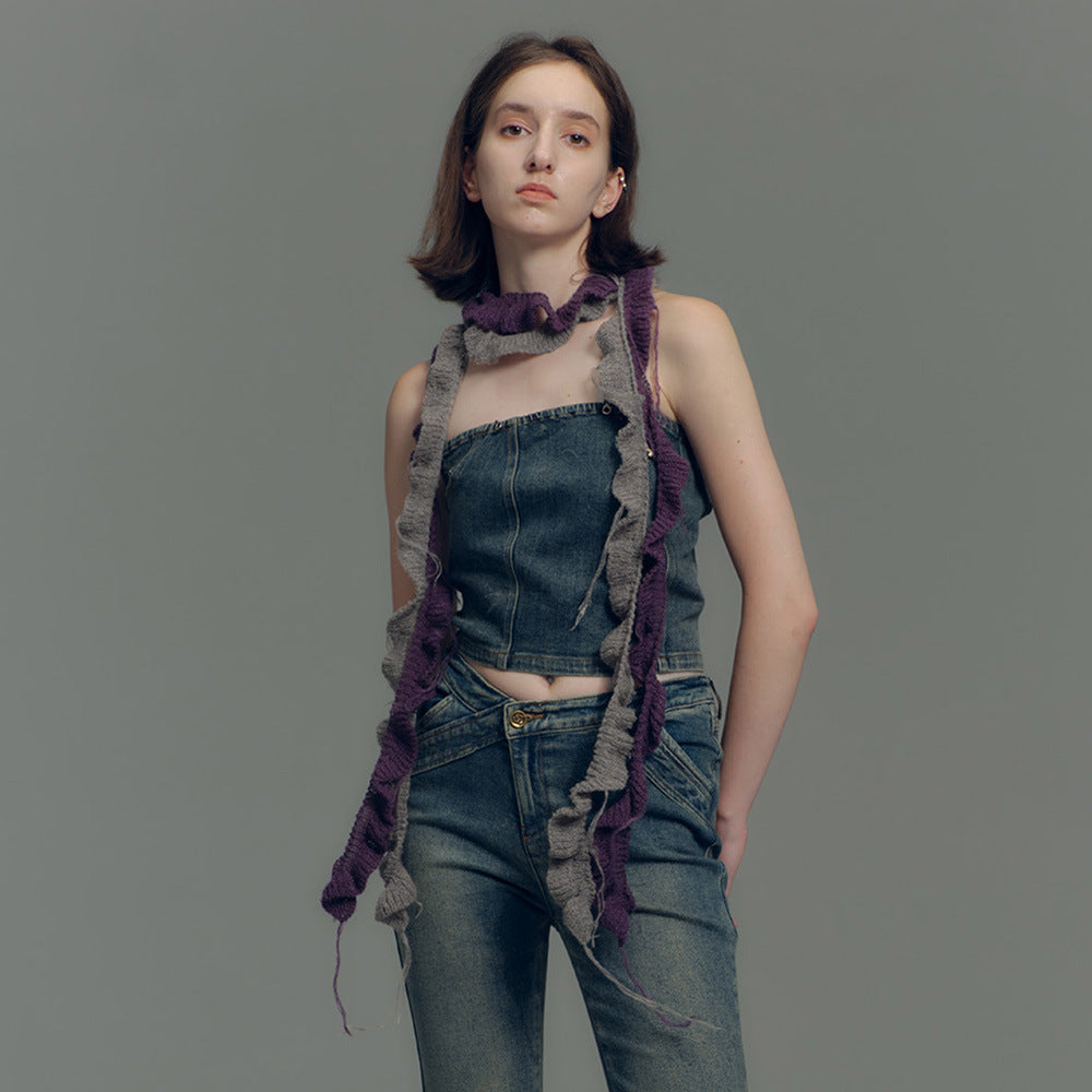 Wool mohair blended flat for spiral weaving hand-hung beard fringed small scarf men's scarf