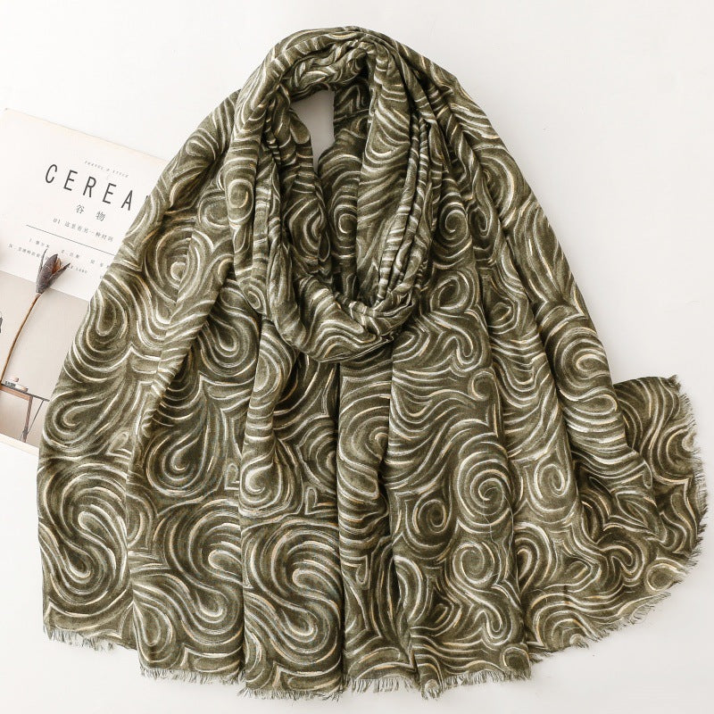 Cotton and linen feel scarf soft silk scarf bronzing latte corrugated print shawl