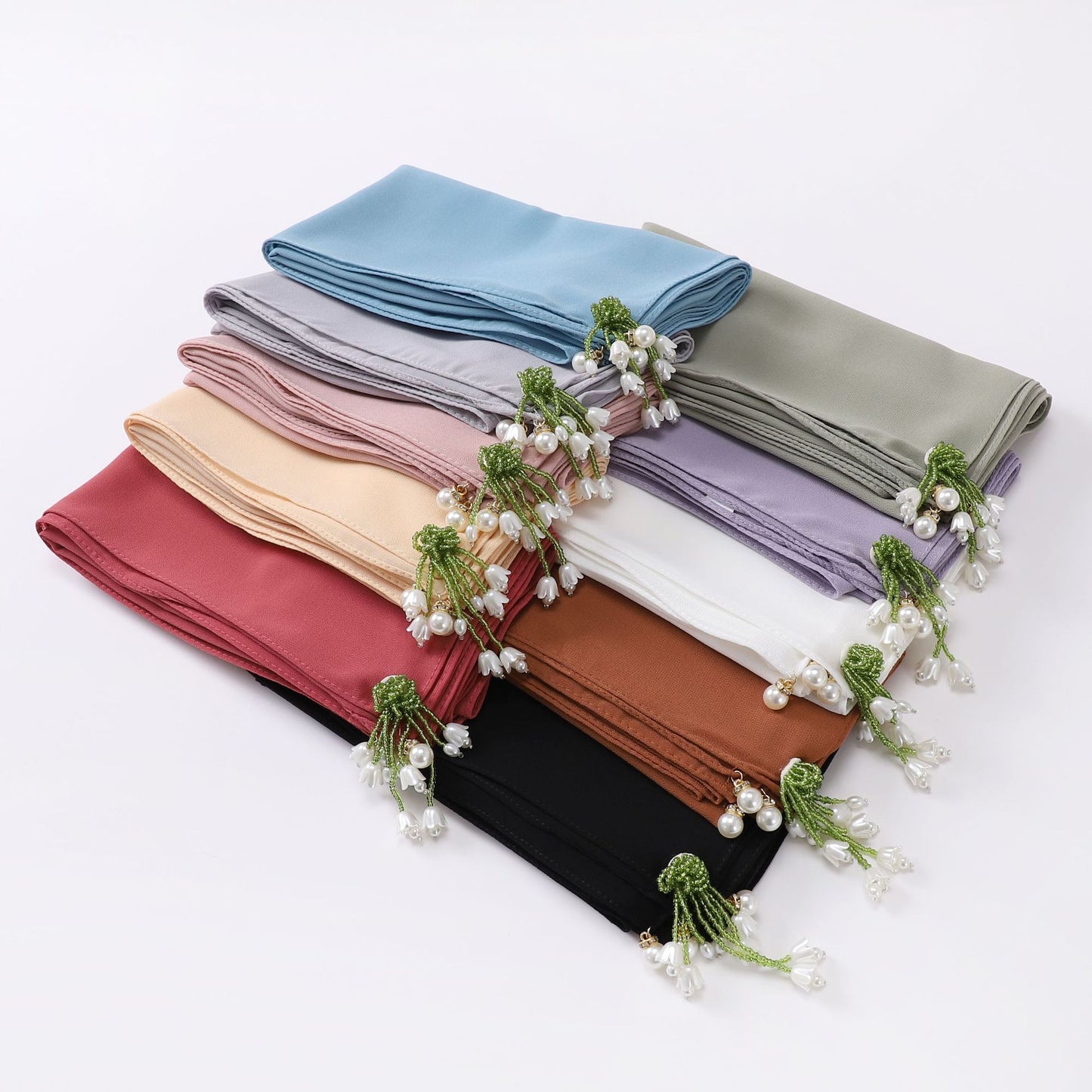 Tulip Rhinestone Pearl Chiffon Square Scarf 90 * 90cm Malaysia Headscarf