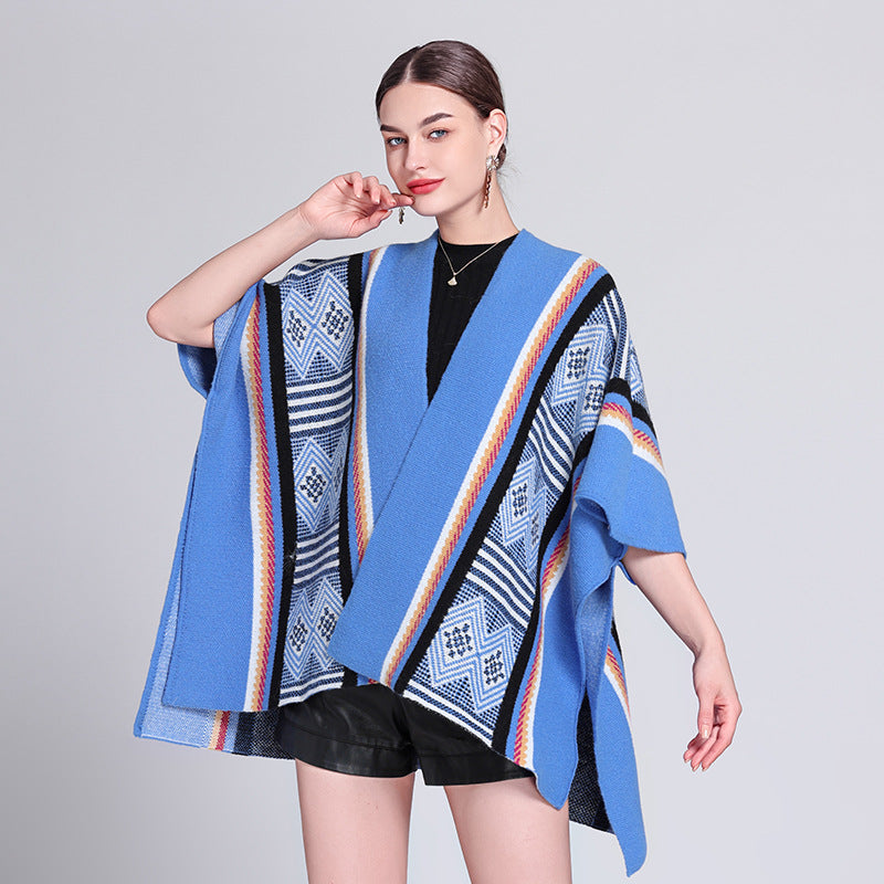 Europe, America, autumn and winter new ethnic style travel fashion knitted jacquard split shawl cape cape coat women