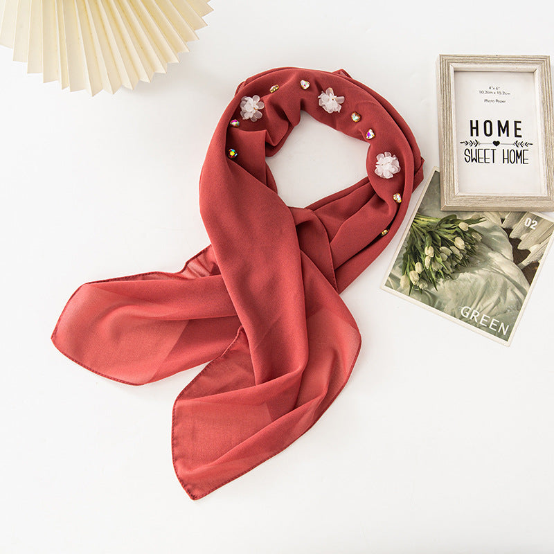 New Pearl Chiffon Three Resin Flower Scarf Headscarf Middle East and Africa 90CM Square Scarf