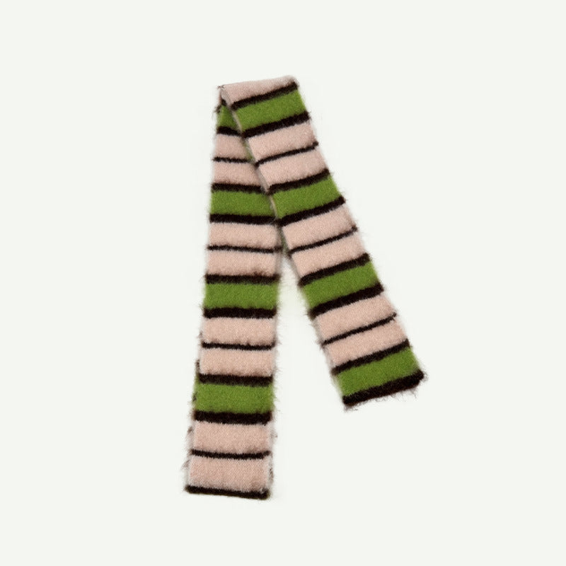 Designer thin and narrow contrasting stripes knitted small scarf women's autumn and winter concave double-layer warm wool scarf