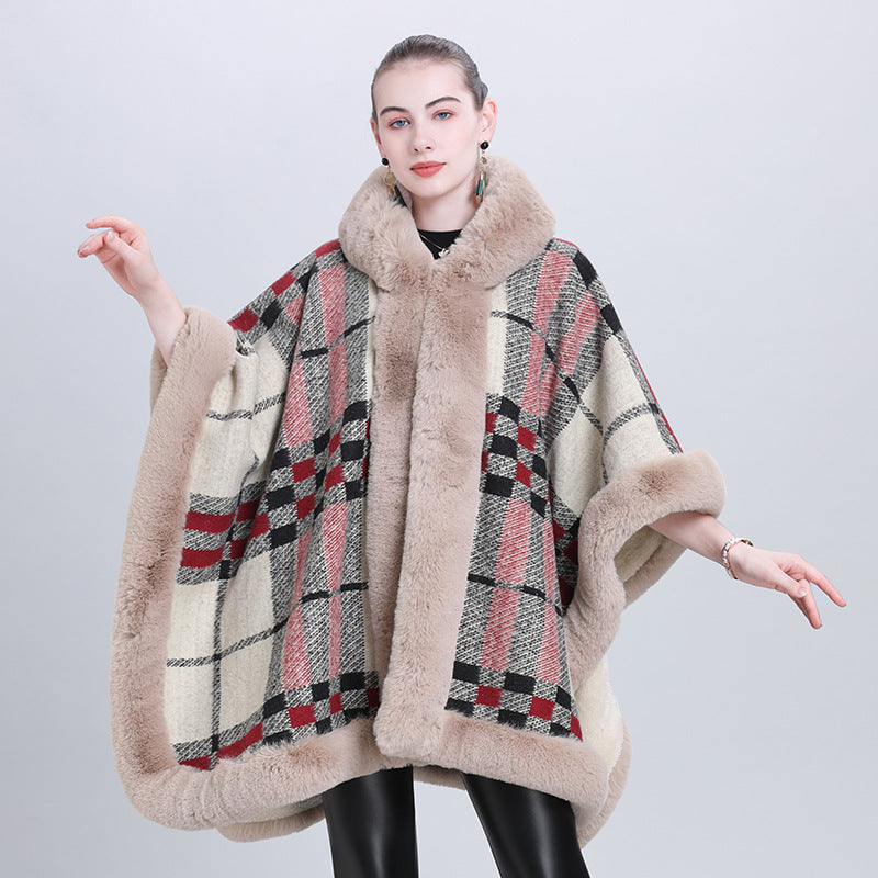 European and Korean autumn and winter new cape shawl fleece thickened plaid fur collar hooded knitted shawl scarf shawl 0992