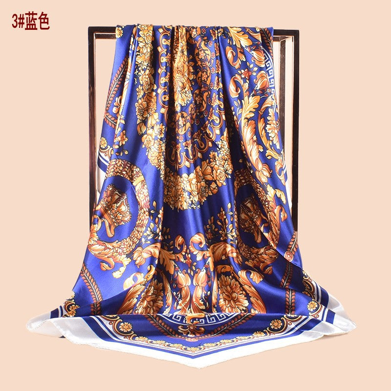 Spring new fashionable versatile large shawl imitation silk retro totem printed silk scarf head scarf 90 satin square scarf