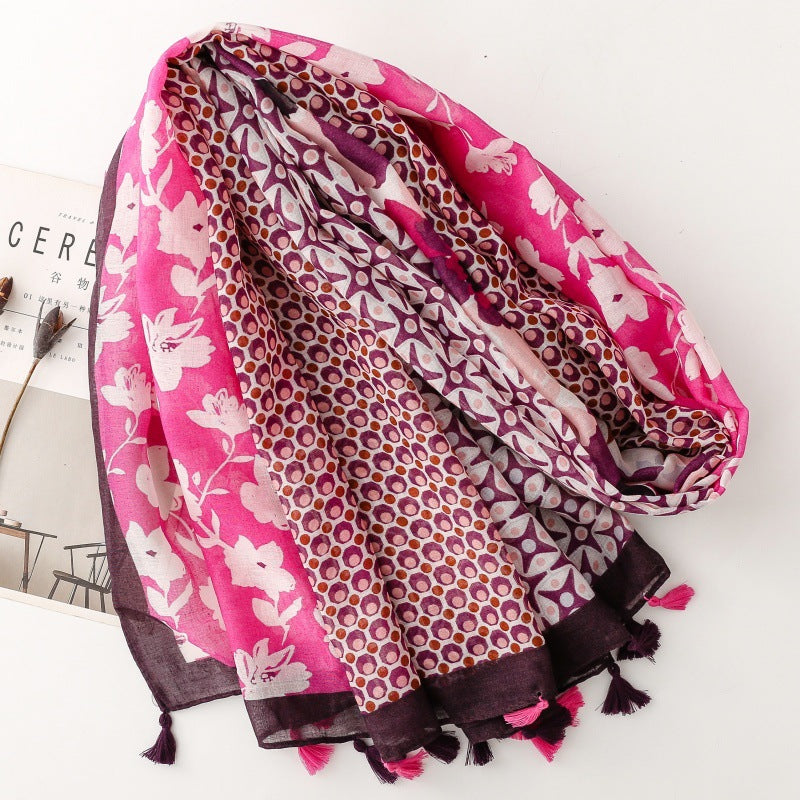 Bohemian ethnic style cotton and linen feel scarf color matching flower travel sunscreen silk scarf seaside vacation shawl women