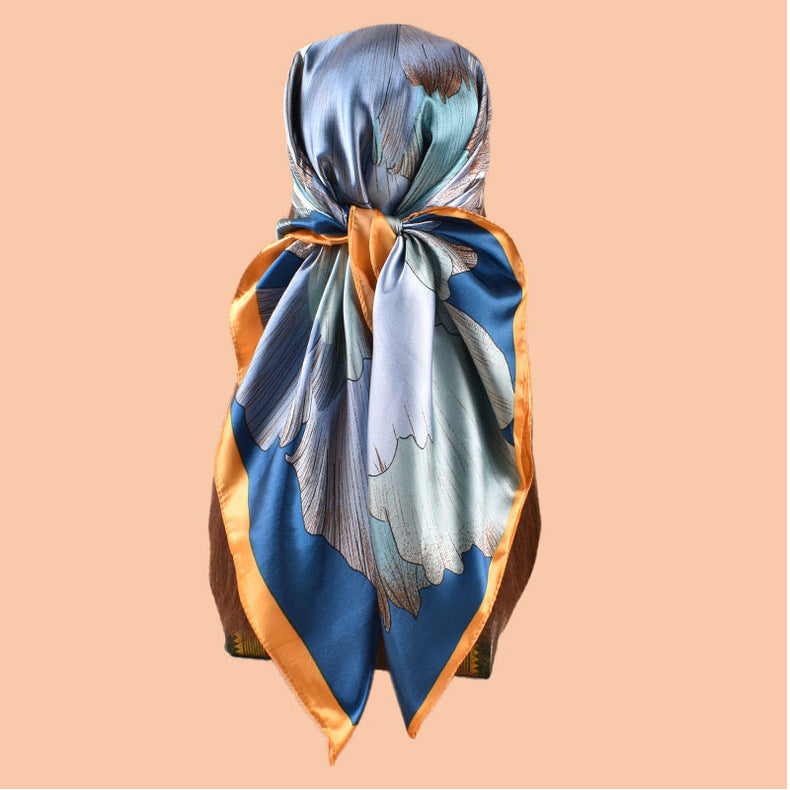 New 90-satin peony flower blooming rich printing square scarf with sunscreen bag head silk scarf decorative scarf
