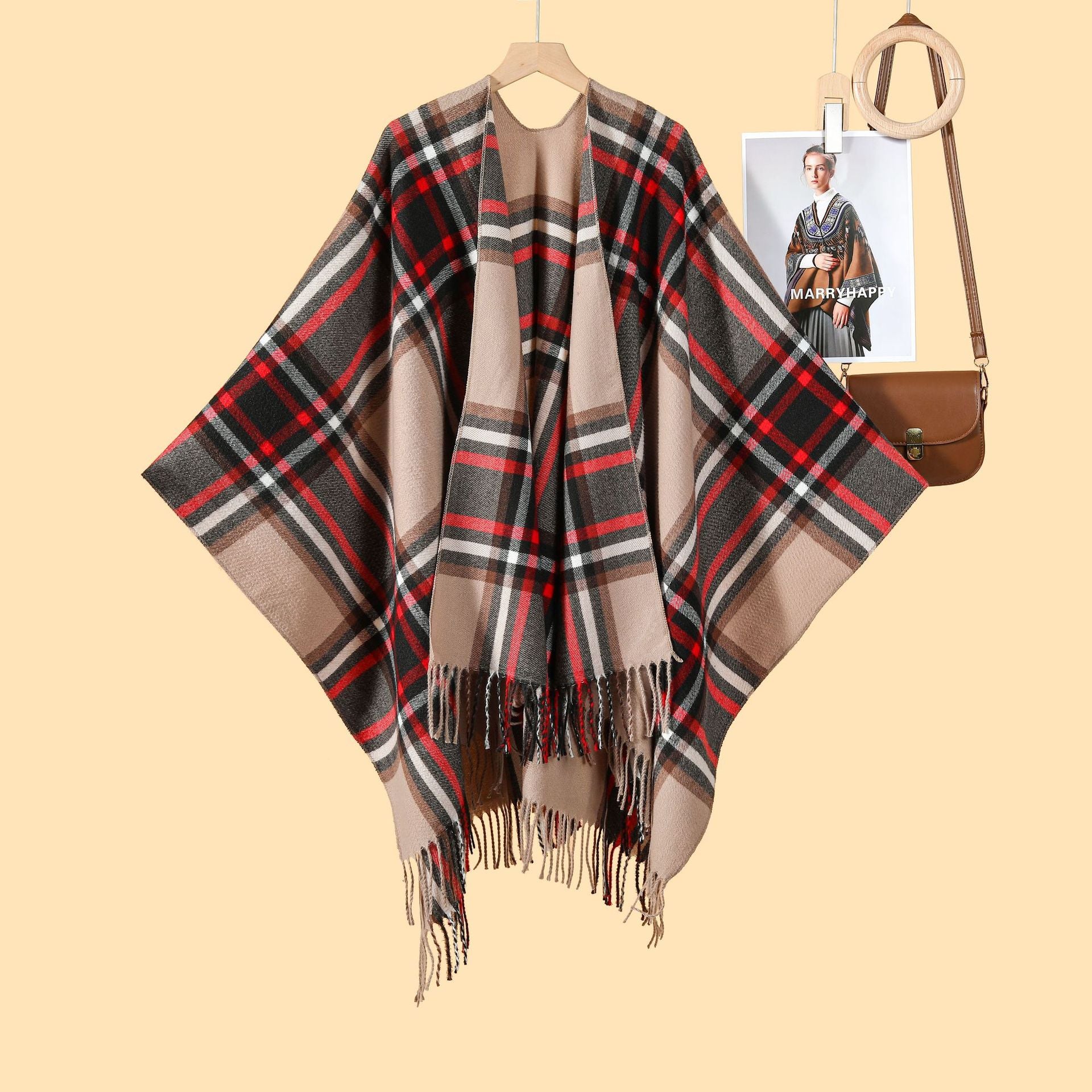 Women's Classic Silver Silk Plaid Cape Cape European and American Street Fashion Catwalk Outside Cape Spring and Autumn Warm Cape