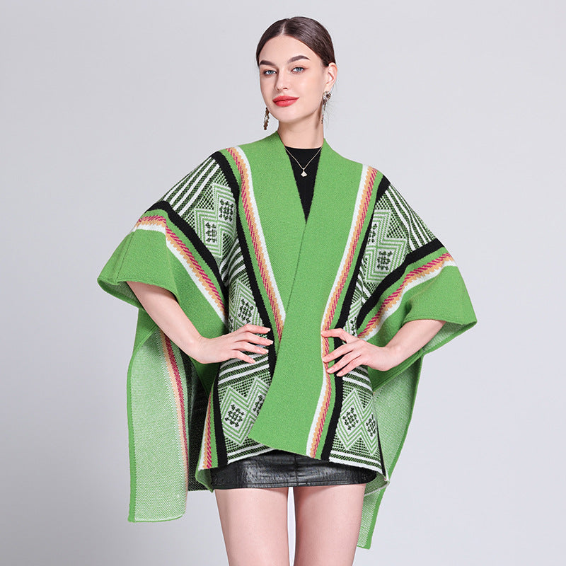 Europe, America, autumn and winter new ethnic style travel fashion knitted jacquard split shawl cape cape coat women