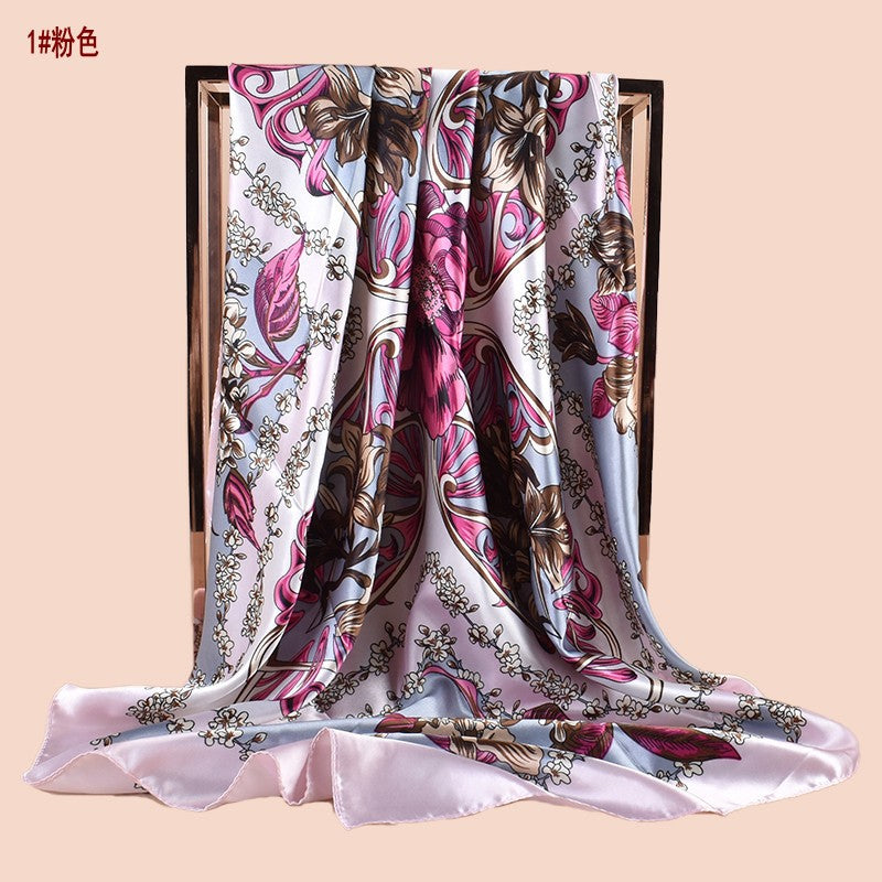 Spring new fashion large shawl simulation silk plant printing silk scarf head scarf 90-color diced large square scarf batch