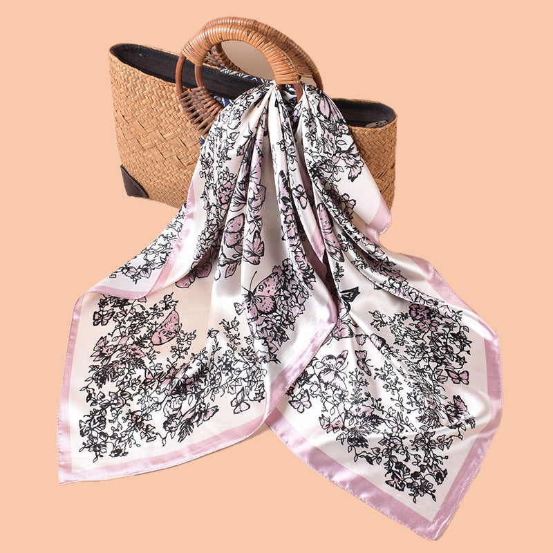 Spring and summer scarf butterfly flying printing versatile decorative scarf headscarf silk scarf 90cm high-quality satin square scarf