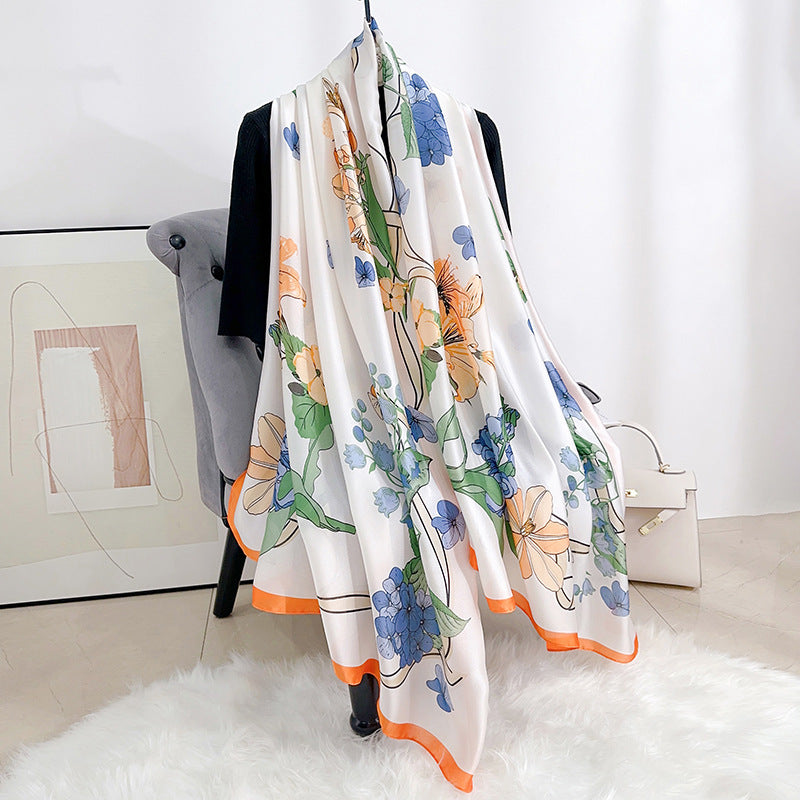 Stylish and elegant plant flower flower print long silk scarf, sweet and fresh literary girl with shawl