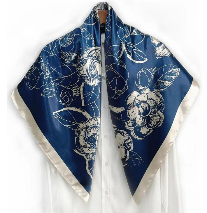 Simple and elegant plant flower flower, satin 90 square scarf, high-end women's headscarf with hand gift silk scarf