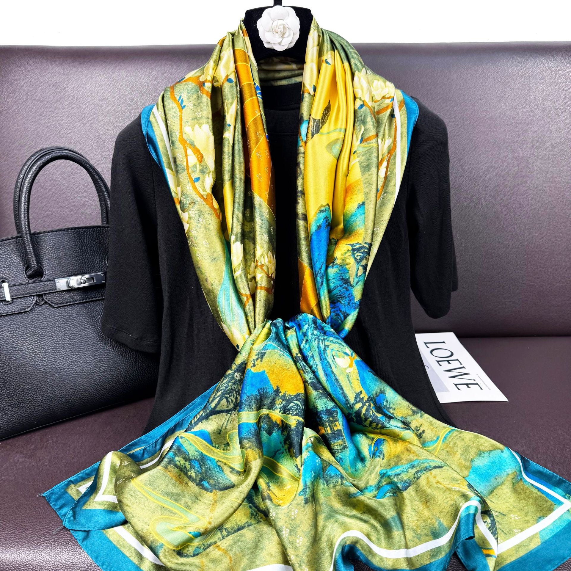 Stylish retro Chinese painting figure flower brocade printed silk scarf, ethnic lady decoration with holiday shawl