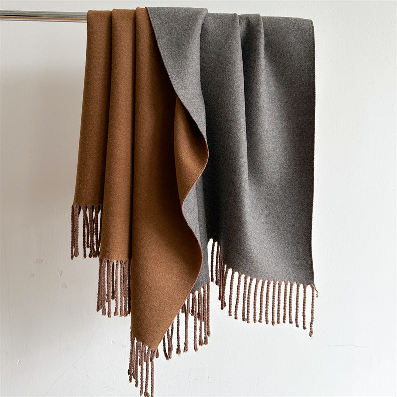 Simple solid color imitation cashmere scarf men's and women's winter thickened warm double-sided two-color versatile fringed shawl core-spun yarn