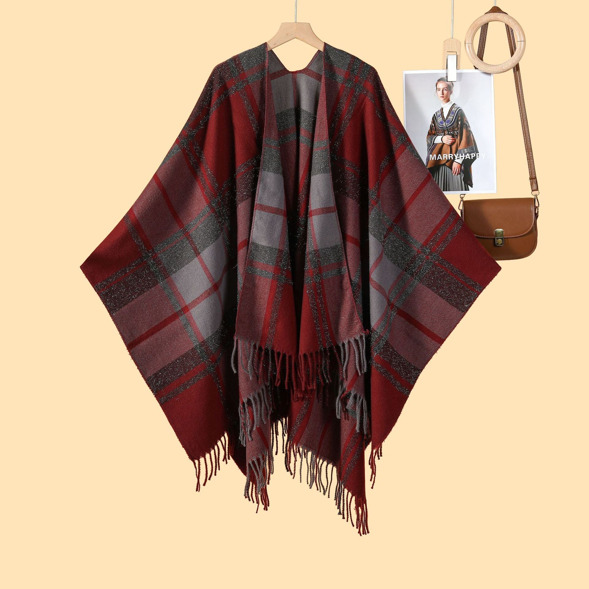 Women's Classic Silver Silk Plaid Cape Cape European and American Street Fashion Catwalk Outside Cape Spring and Autumn Warm Cape