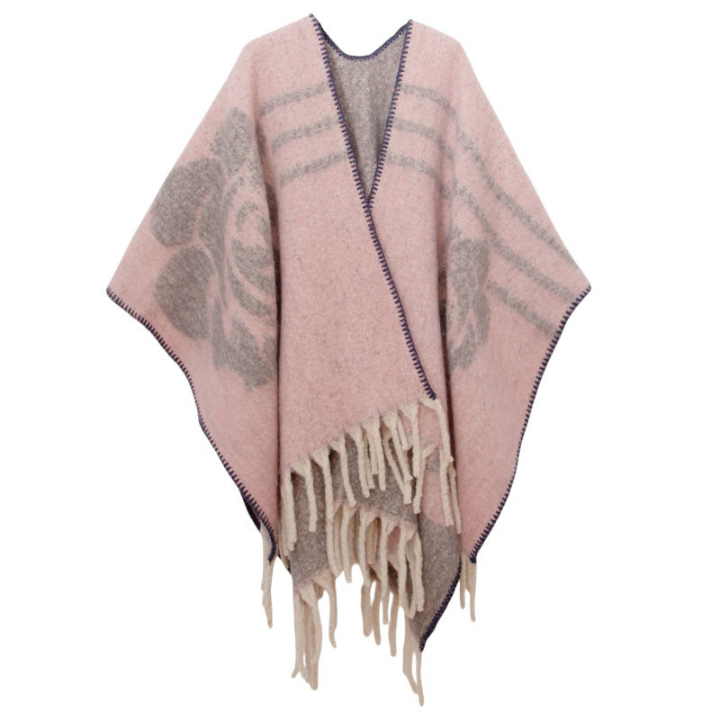 Shawl 2025 new European and American autumn and winter circle yarn imitation mohair thickened jacquard flower cape