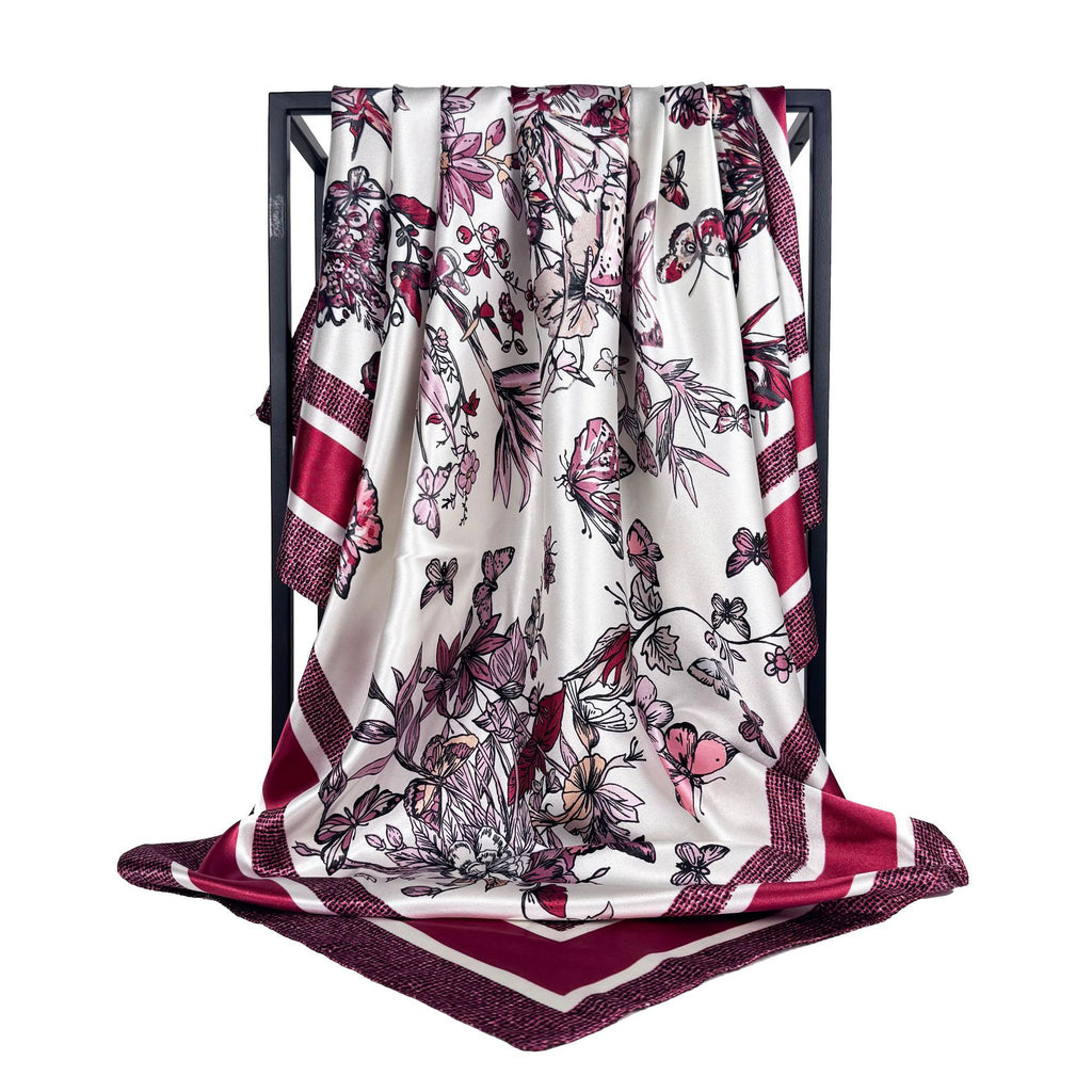 Spring and summer Korean version of butterfly flower 90 square scarves, simulated silk and satin women's head scarf, outer scarf gift